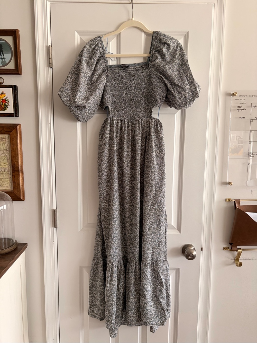 Blue Floral Puff-Sleeve Cut Out Maxi Dress